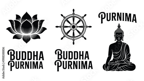 Black and white vintage style logo collection featuring buddha purnima lotus flower and dharma wheel symbols in minimalist design