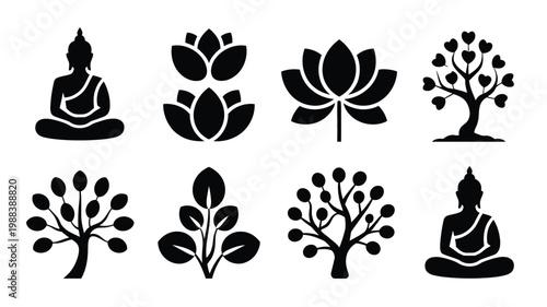 Monochromatic icon sheet featuring buddha statues in meditative poses lotus flowers and stylized trees with heart leaves