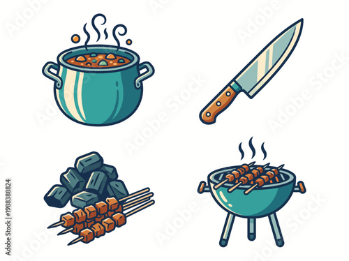 A colorful illustration of various outdoor cooking utensils and food preparation items