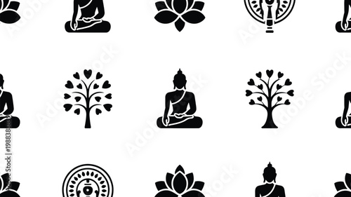Minimalist spiritual icons featuring meditating figures lotus flowers and sacred trees in a clean black and white symbolic design ideal for mindfulness and cultural themes