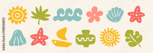 Summer boho color element set. Hand drawn sun, sea, wave,  flower, boat, seashell, vase, starfish, tropical leaves in naive style. Tropical print, vacation beach, ocean travel. Vector illustration.