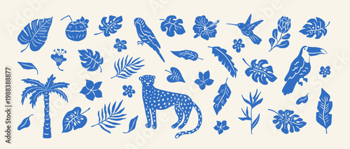 Set of tropical summer elements. Hand drawn palm tree, leopard, tropical leaves, flowers, toucan, exotic plants, parrot. Vintage blue nature silhouettes. Vector illustration.