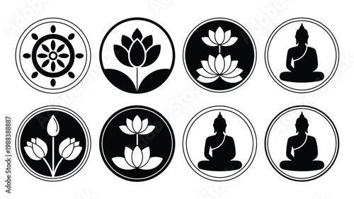 Eight black and white circular icons featuring buddha statues lotus flowers and a dharma wheel symbol displayed in a minimalist style