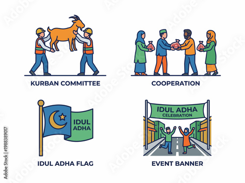 A colorful illustration of Idul Adha celebration elements including kurban committee, cooperation, flag, and event banner.