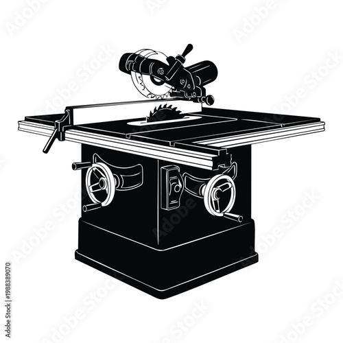 Table saw silhouette, bundle of woodworking and crafting tools.