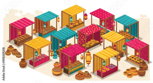 Isometric Middle Eastern market stalls with traditional lanterns and pottery, colorful Arabic bazaar vector set, Ramadan night market illustration