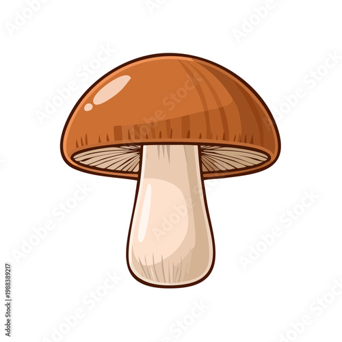 Cartoon illustration of a brown cap mushroom with a white stem and gills