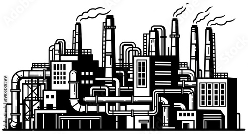 Industrial factory complex with smoking chimneys and pipes.