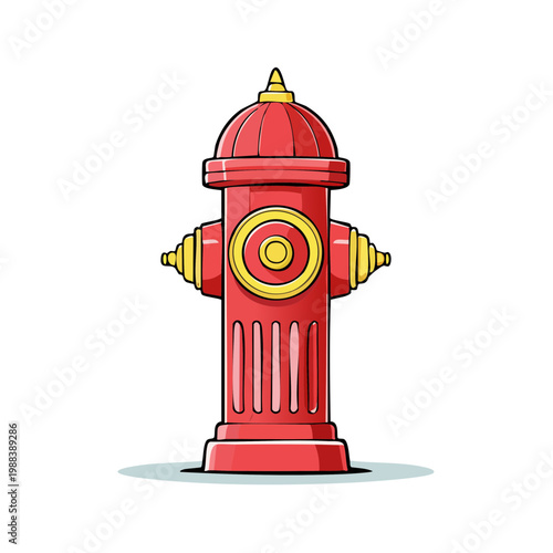 Vibrant red fire hydrant with yellow accents standing tall on pavement, urban safety equipment.