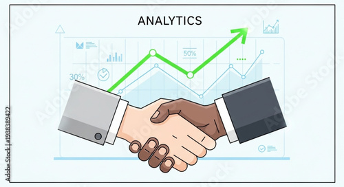 Business partners shaking hands over analytics chart.
