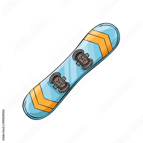 Hand drawn illustration of a blue and orange snowboard with bindings attached