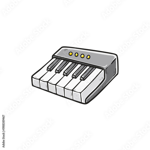 Simple cartoon illustration of a small keyboard synthesizer with a few keys and control buttons