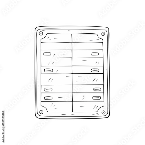 Vintage Locker Room Cabinet with Multiple Compartments and Clear Doors Hand Drawn Sketch