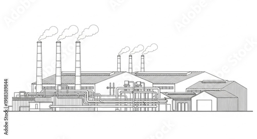 Industrial Factory Building with Smoke Stacks and Detailed Architectural Drawing.