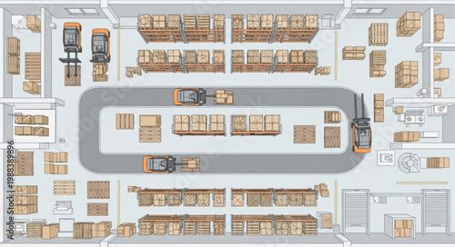 Warehouse interior layout with shelves and forklifts overhead view.