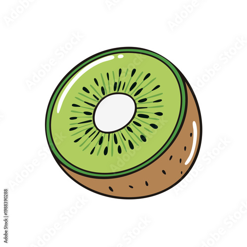 Fresh kiwi fruit slice with vibrant green flesh and black seeds hand-drawn illustration