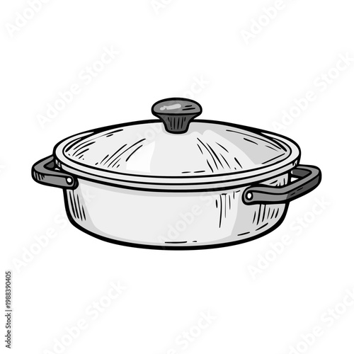 Hand drawn illustration of a cooking pot with lid and handles isolated on white background