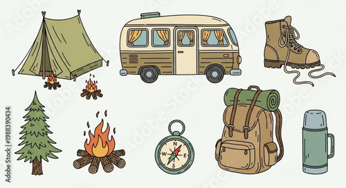 Camping gear and equipment illustration for outdoor adventures.
