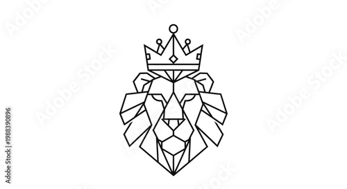 Geometric Lion Head with Crown, Royal Emblem, Minimalist Line Art