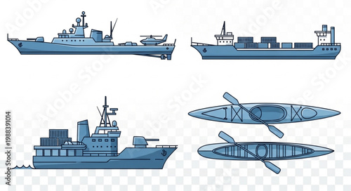 Collection of various watercraft including military ships and kayaks.