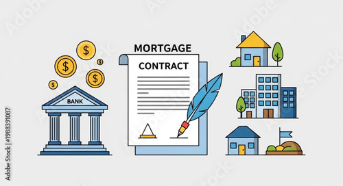 Mortgage contract document with bank buildings and houses.