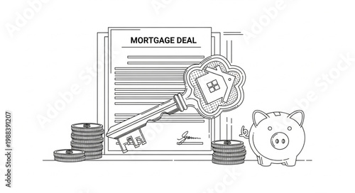 Mortgage Deal Document with Key Coins and Piggy Bank Illustration.