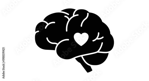 Black Brain Icon with Heart Symbol Representing Mental Health