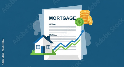 Mortgage Document with House Coin Stack and Growth Chart.