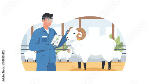Livestock inspector checking health of sheep ram with tablet showing certified status for quality control and animal welfare standards in farm setting.