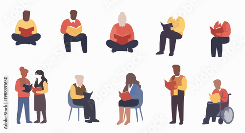 Diverse people reading books vector set with students elderly and disabled readers flat illustration isolated on white background