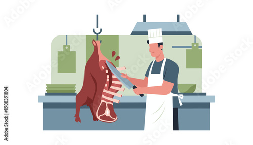 Professional butcher in apron and chef hat carving large piece of meat hanging from hook in butcher shop preparation area.