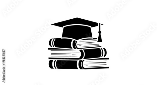 Stack of Books with Graduation Cap Icon in Black and White