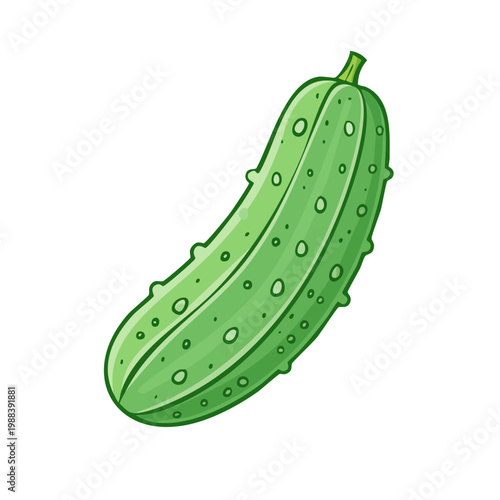 Bright green cartoon cucumber with bumpy texture and cartoonish stem and leaf on a white background