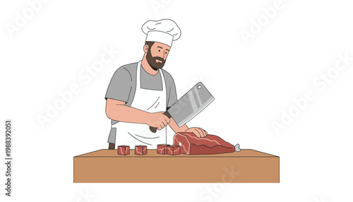 Professional butcher wearing chef hat and apron expertly chopping raw meat with large cleaver on wooden cutting board in preparation for cooking delicious meal.