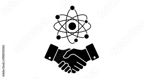 Black Handshake with Atomic Model Icon Symbolizing Science Partnership