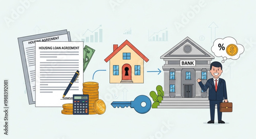 Mortgage loan process illustration with bank and house.