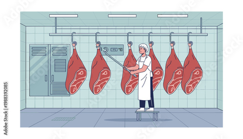 Professional butcher inspecting hanging meat carcasses in cold storage industrial facility using hook tool and digital temperature control panel representing quality meat processing and safety.