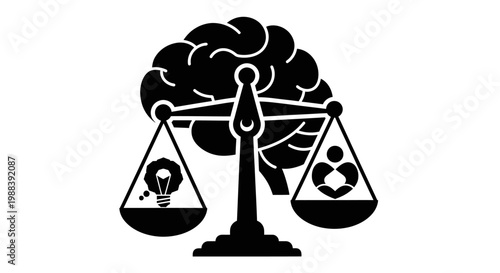 Black and White Illustration of Balanced Scales with Symbols