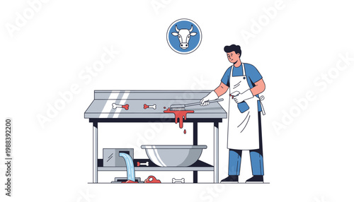 Sanitary maintenance at meat processing plant showing worker cleaning metal workstation with spray bottle and brush to ensure food safety and hygiene standards in professional kitchen environment.