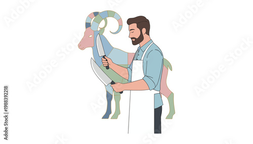 Master butcher holding two professional carving knives standing in front of goat anatomical chart showing different cuts of meat for culinary preparation and traditional butchery skills display.