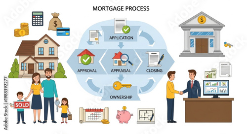 Mortgage Process Explained with Icons and Illustrations.