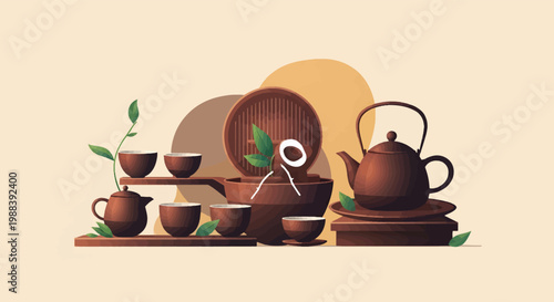 Traditional Chinese tea set illustration, ceramic teapot and clay cups on wooden trays, zen oriental tea ceremony vector with green leaves