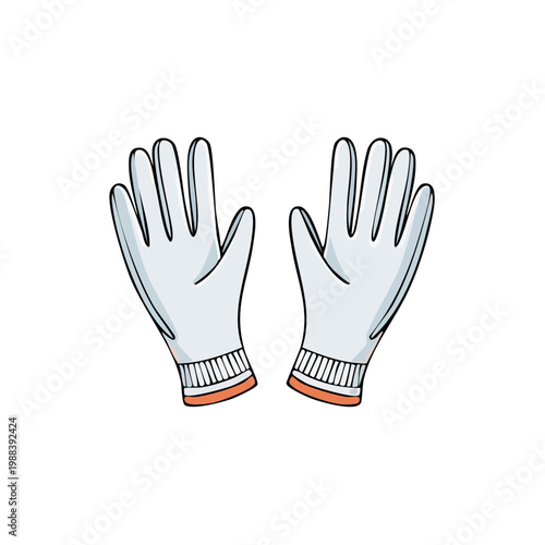 Pair of cartoon white work gloves with orange cuff detail, open hands, isolated graphic illustration