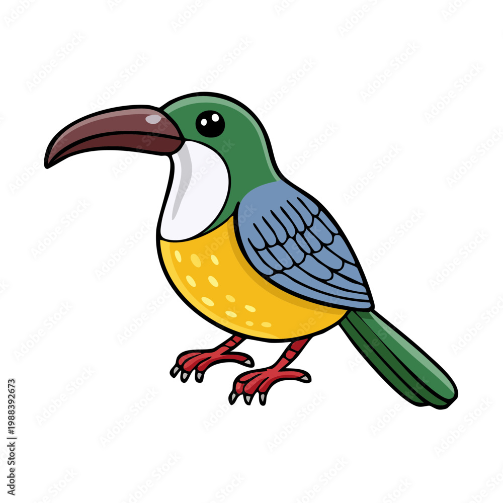 Fototapeta premium Cute Cartoon Toucan Bird with Big Beak and Colorful Feathers, Vector Illustration