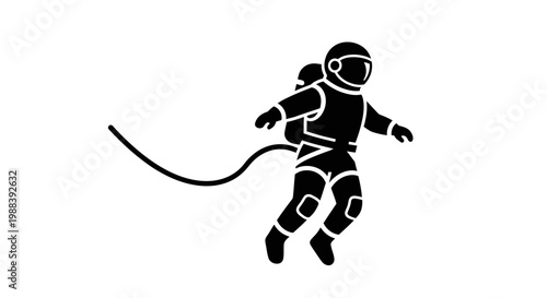 Black Silhouette of Astronaut Floating in Space with Tether