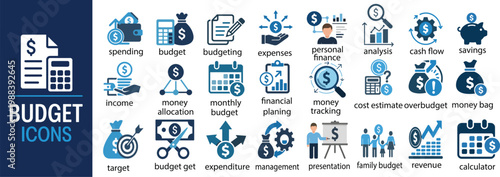 Budget Icon Set Vector Illustration, Solid Icons for Expense, Money Management, Cash Flow, Savings, Spending, Income, Allocation, and Cost Estimate for Finance and Business Design