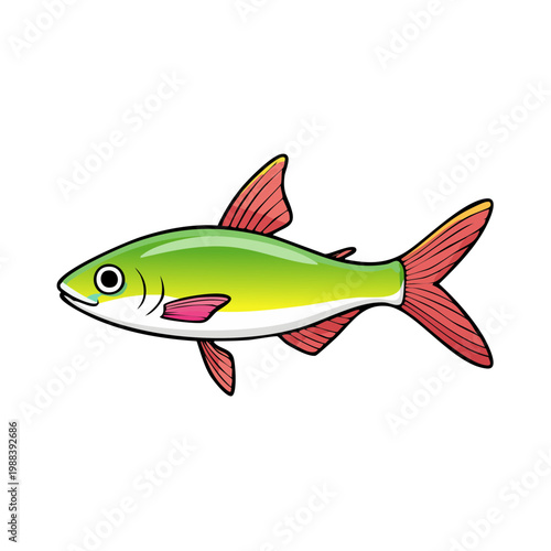 Vibrant cartoon fish with green and red fins swimming to the right side
