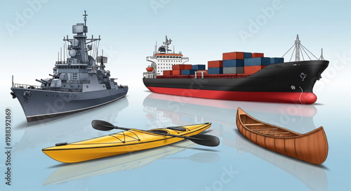 Diverse Watercraft Collection Including Warship Cargo Ship Kayak and Canoe.