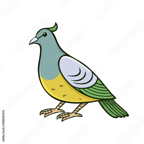 Stylized colorful bird illustration standing profile with green and yellow plumage