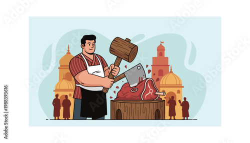 Traditional butcher using heavy wooden mallet and cleaver to cut meat on tree stump block in front of ancient architecture domes and towers for historical or religious festival theme concept.